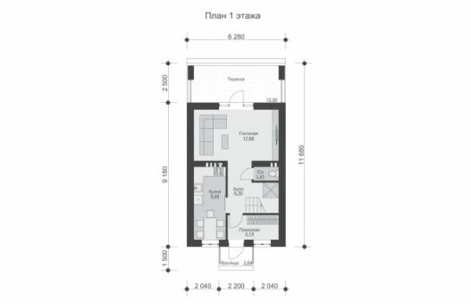 Двухэтажный дом для узкого участка с террасой, крыльцом и балконами